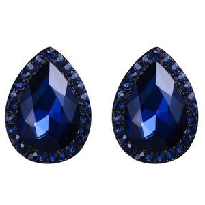 Carbon Black with Sapphire Blue Austrian Crystal Teardrop Stud Post Earrings